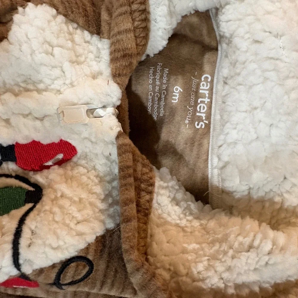Carters Baby Reindeer Fleece Hooded Jumpsuit‎ Brown Christmas Pajamas 6M NWT